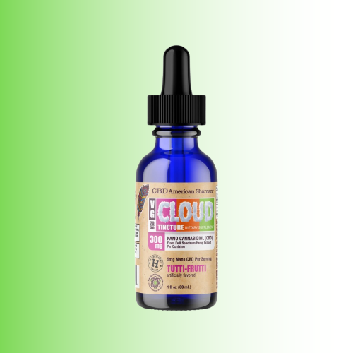 A 1 fl oz blue glass dropper bottle of CBD American Standards Cloud Tincture, displayed against a green-to-white gradient background. Tutti Frutti Flavor
