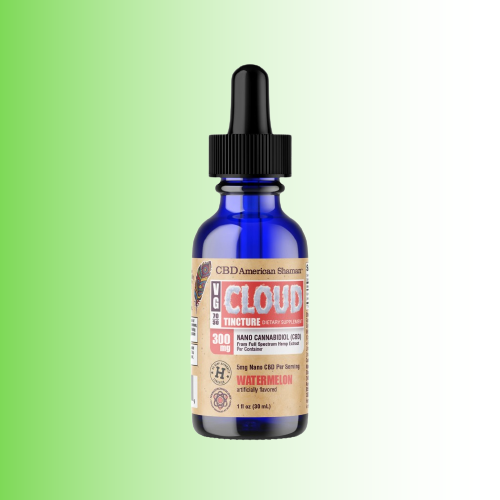 A 1 fl oz cobalt blue glass dropper bottle of CBD American Shimmer Cloud Tincture 300 mg, Watermelon Flavor set against a green-to-white gradient background.