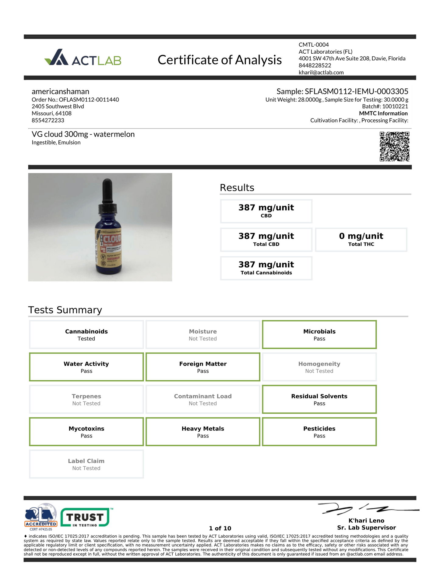 A document-style Certificate of Analysis from Act Lab showing results for a watermelon-tasting VG cloud 300m bottle. The page includes a small product photo of a dark bottle, test summary boxes, and footer branding for Act Lab and Trust.