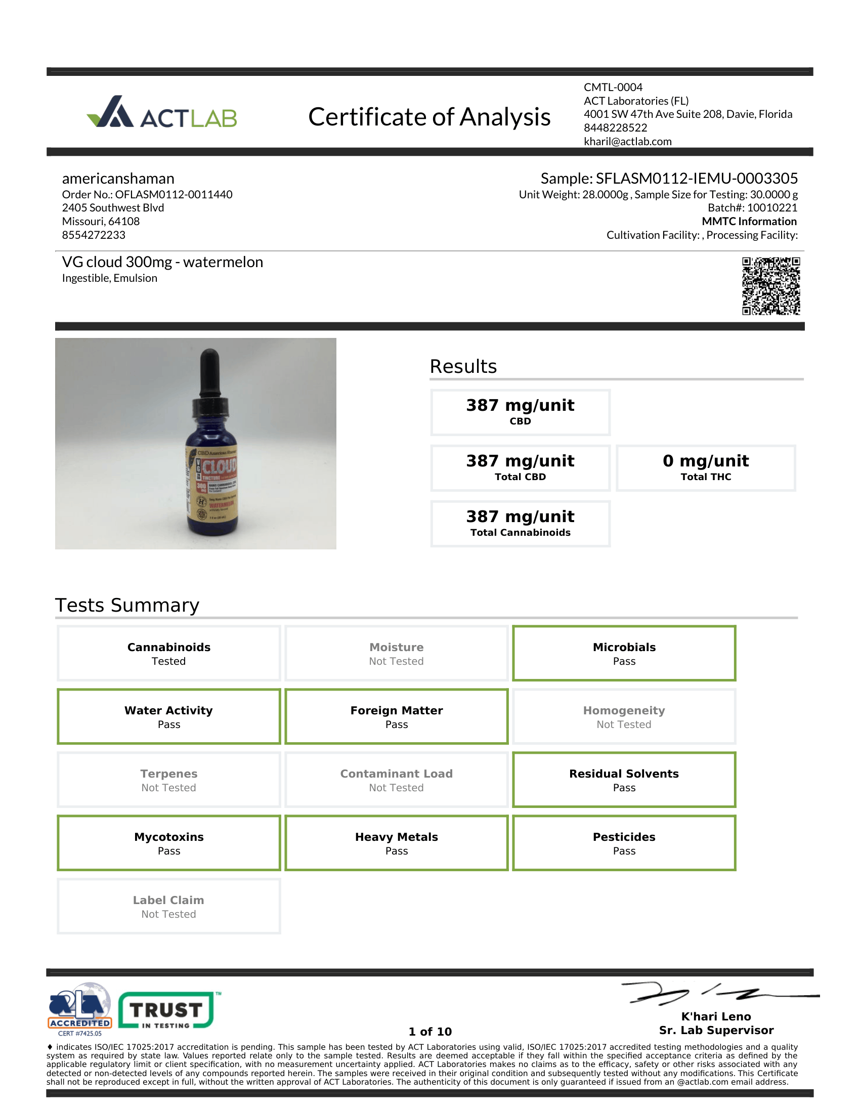 A document-style Certificate of Analysis from Act Lab showing results for a watermelon-tasting VG cloud 300m bottle. The page includes a small product photo of a dark bottle, test summary boxes, and footer branding for Act Lab and Trust.