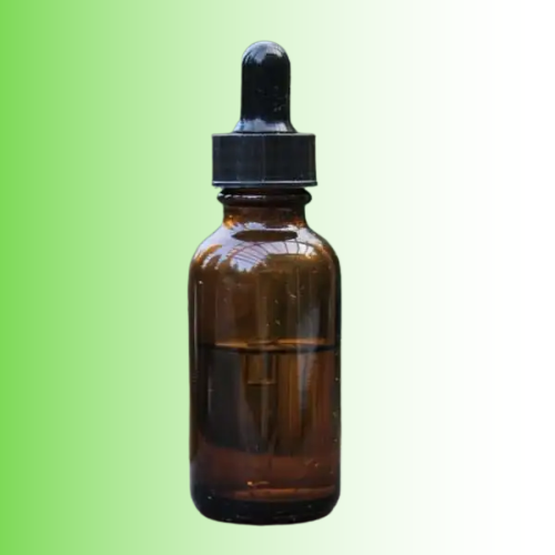 Brown glass dropper bottle with black cap on a green gradient background. For customers in the Kenosha and Racine area