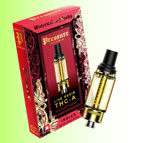 Vape cartridge with red packaging featuring 'Pressure' branding on a light green background.