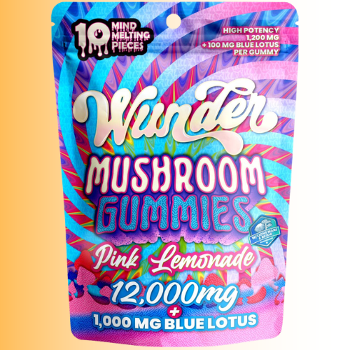 A stand-up pouch of Wonder Mushroom Gummies in Pink Lemonade flavor, featuring a highly colorful, psychedelic pattern of pink, purple, blue, and green swirls. The packaging displays prominent text detailing high potency (1200 mg) and 10,000 mg blue lotus.