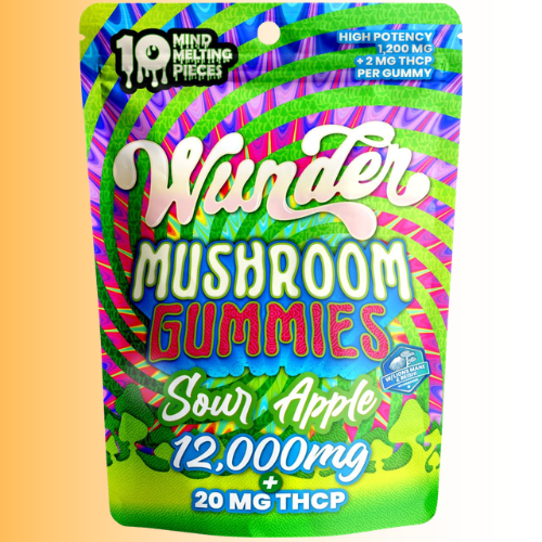 A stand-up pouch package for Wonder Mushroom Gummies, Sour Apple flavor, with a bright multicolor psychedelic design and large product text on a plain light background.