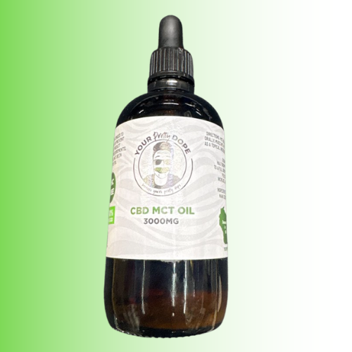 Bottle of CBD MCT oil with a dropper on a green background
