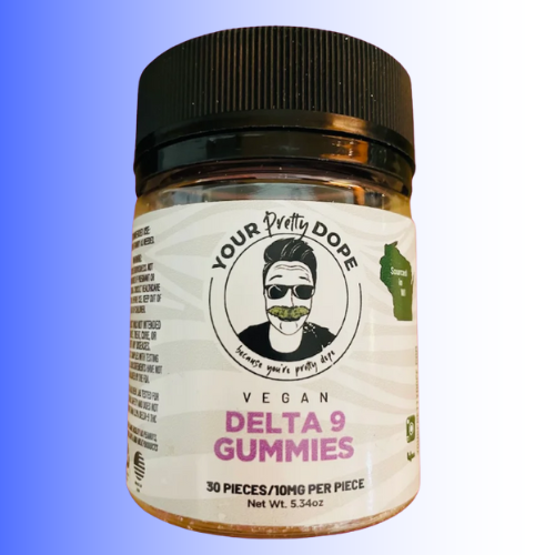 Jar of Delta 9 Gummies with a label featuring a person and text on a blue and white gradient background