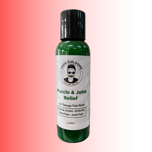 Bottle of muscle and joint relief liquid therapy on a gradient background. For customers in the Kenosha and Racine area