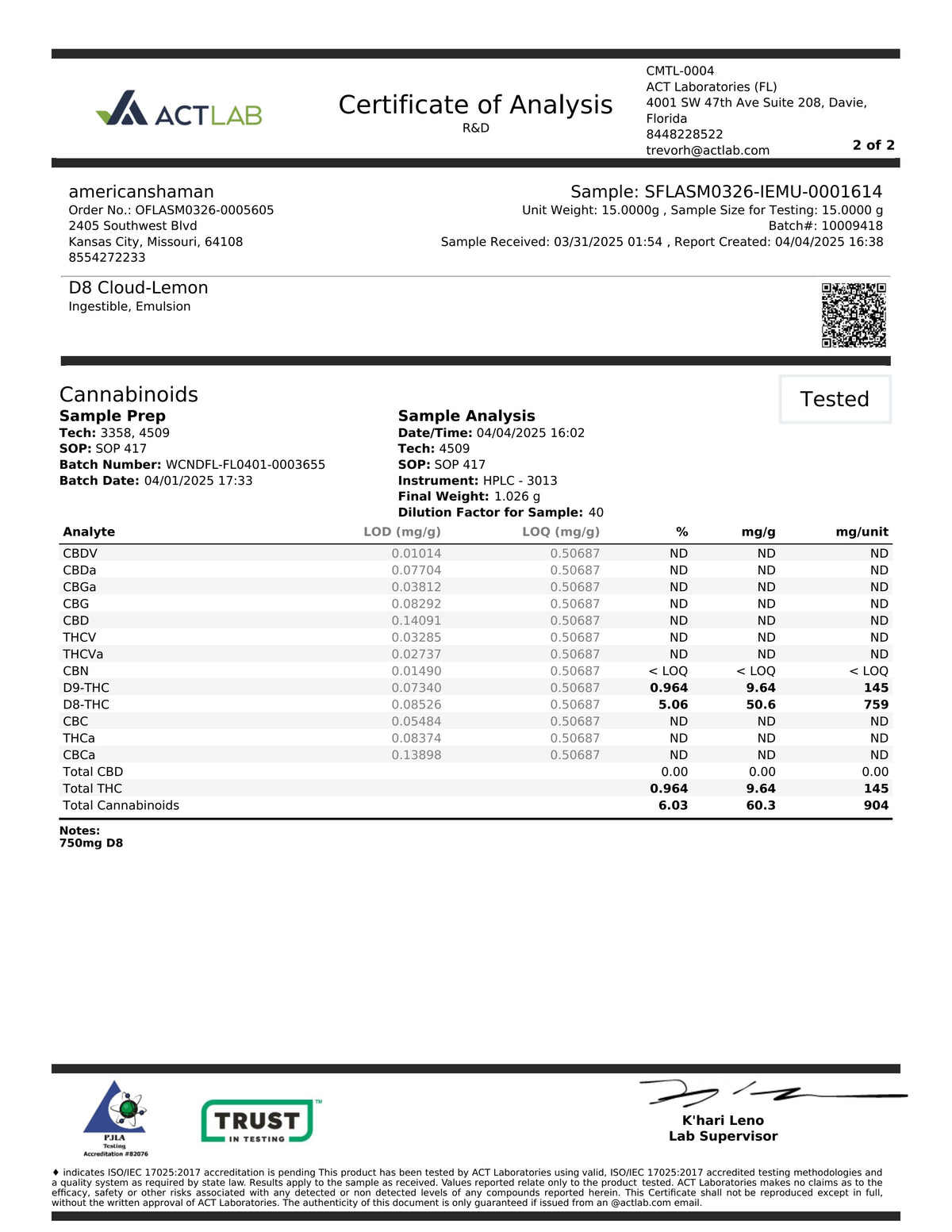 A Certificate of Analysis document from ActLab showing test results for a cannabis product. The page includes the ActLab logo, sample information, a table of cannabinoid concentrations, and a K-21 Lane Labs signature block at the bottom.