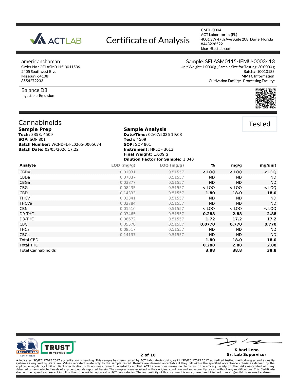 A Certificate of Analysis document from ACT LAB showing sample details, cannabinoid testing results in a table, and company logos at the top and bottom on a white background.