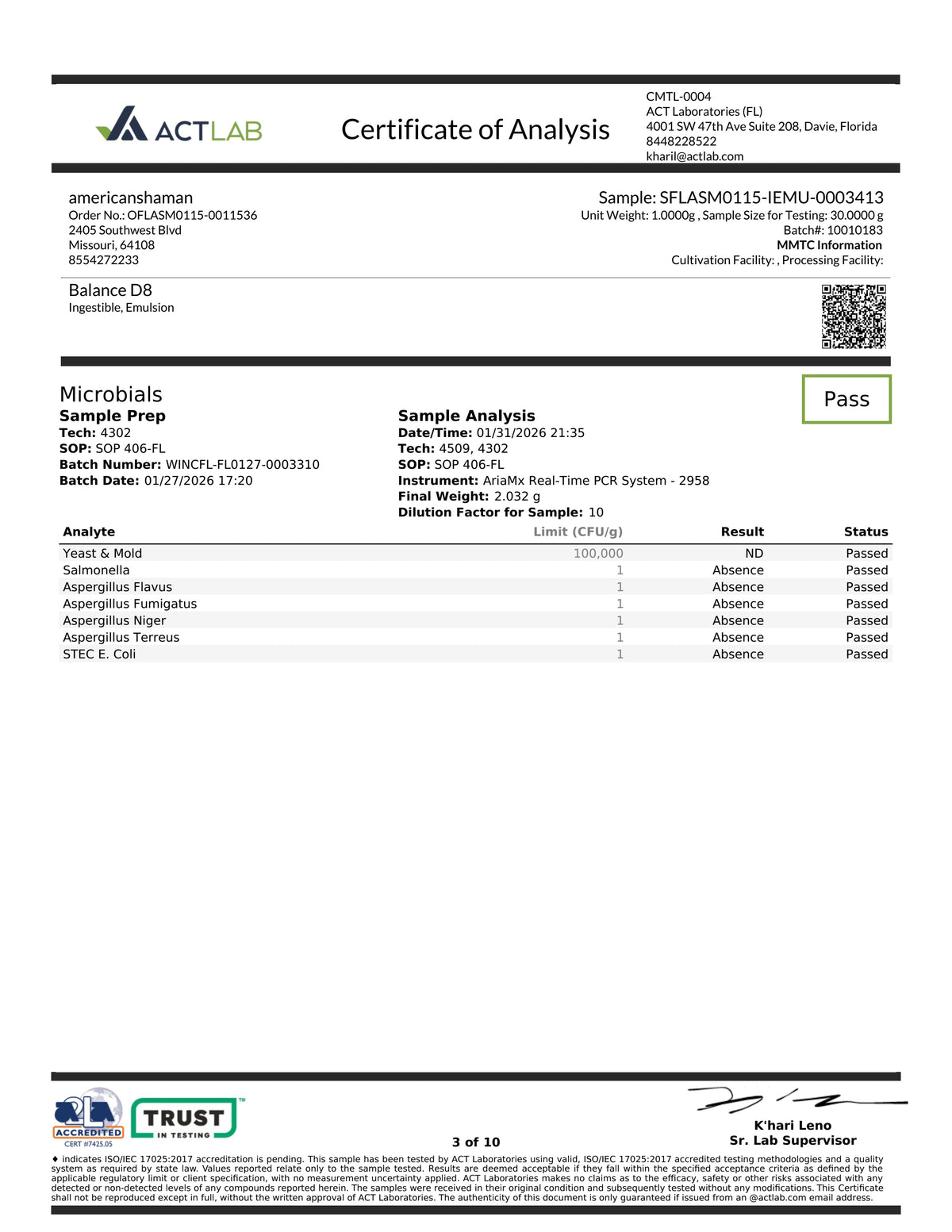 A digital Certificate of Analysis from Act Lab showing microbiological test results for an American Indian food product. The document includes sample details, a results table with 'Absence' as the limit and 'Pass' as the result, a QR code, and company logos at the top and bottom.