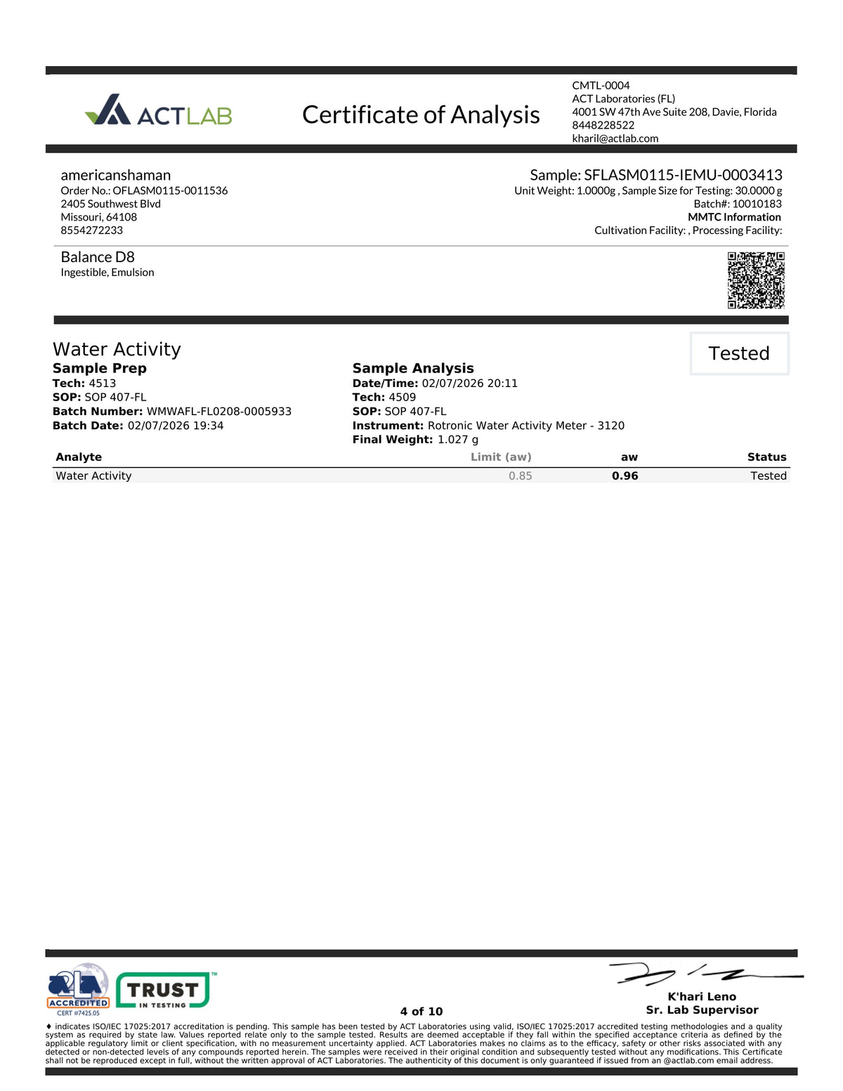 A digital document showing a Certificate of Analysis from Act Lab for an ingredient, Balance B8, manufactured by AmericanGourmet. The form includes sample details, a QR code, and a table with water activity measurements and test results.
