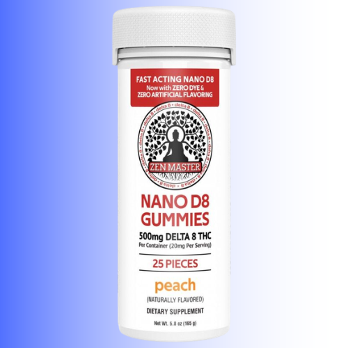 A white plastic bottle of Zen Master Nano D8 Gummies, peach flavor, 25 pieces. The label features a red and black design with product details and a blue gradient background.