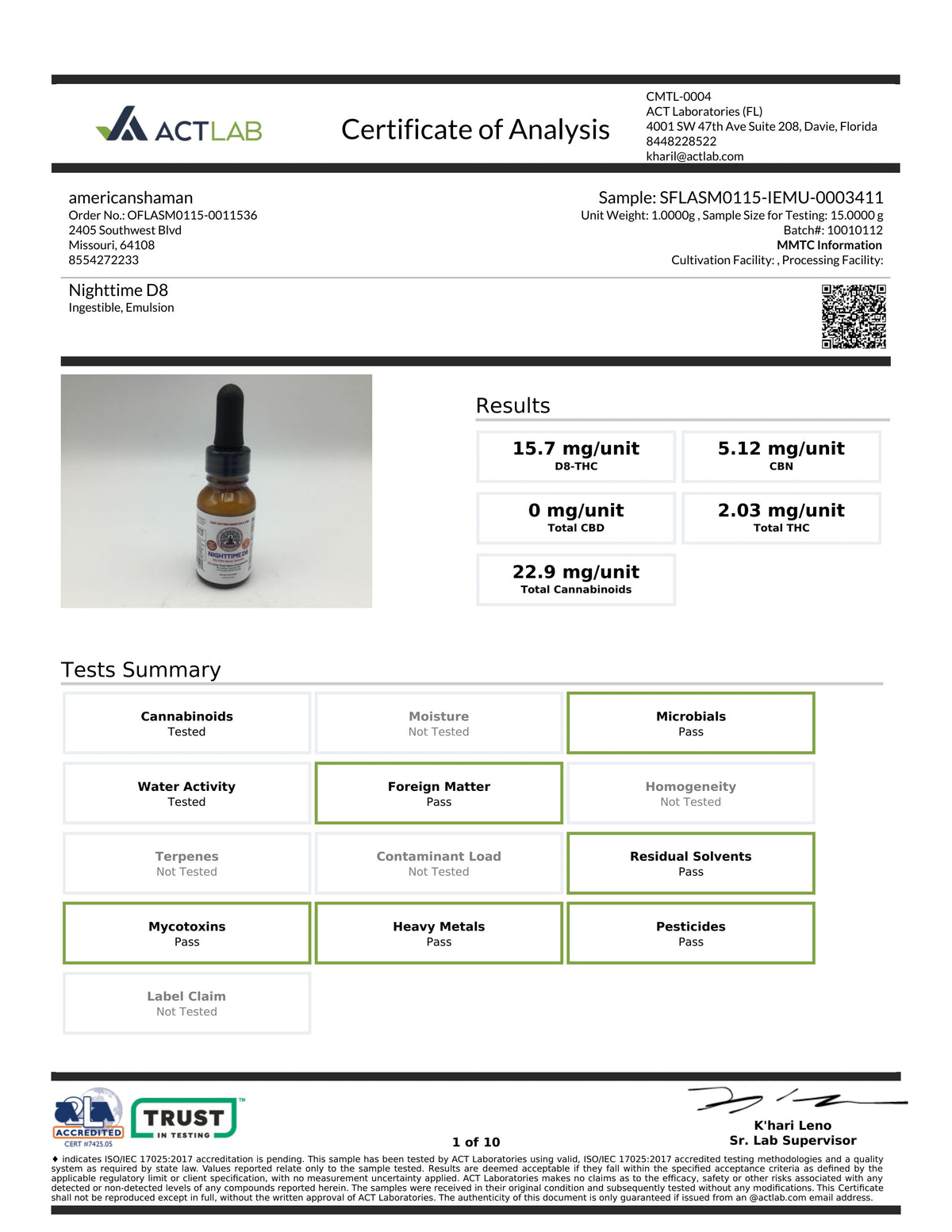 A formal ACT LAB Certificate of Analysis for a nighttime urine drug test sample, showing results for cannabinoids, moisture, foreign matter, microbes, homogeneity, total solids, and various other drug testing parameters alongside a small image of a dropper bottle.