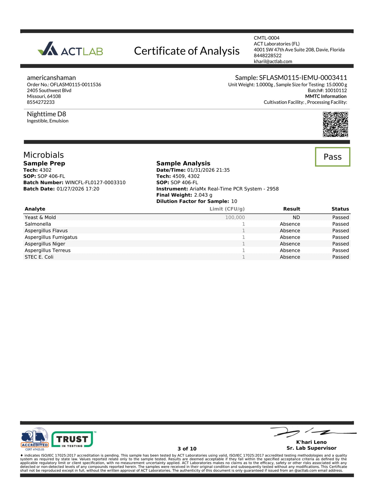 A digital Certificate of Analysis document from Act Lab, showing sample details for 'americaibarn' Microbials, including sample ID, batch number, dilution factors, and a results table with a green 'Pass' status indicator.
