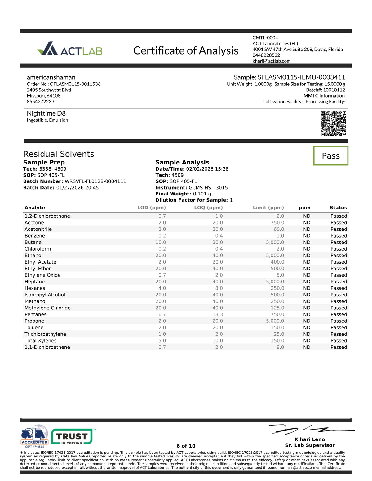 A digital document showing a Certificate of Analysis from Act Lab for a solvent sample. The document features a detailed table of chemical results, solvent recovery percentages, and quality metrics, with a green 'Pass' status indicator at the top right.