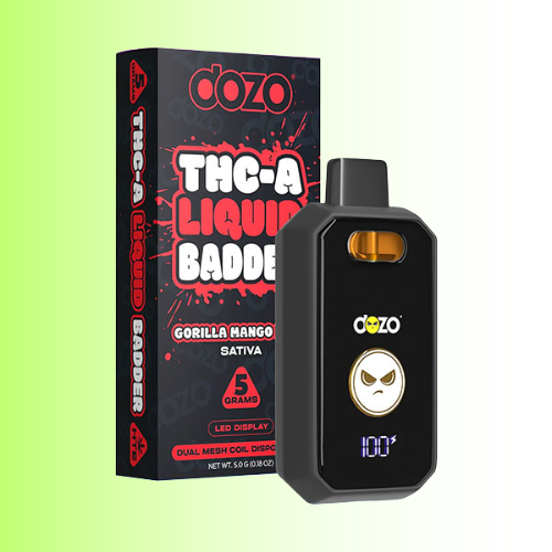 A black Dozo THC-A Liquid Badder Grilla Mango Haze disposable vape device shown next to its black and red retail box, labeled 'Gorilla Mango' and 'Sativa'.